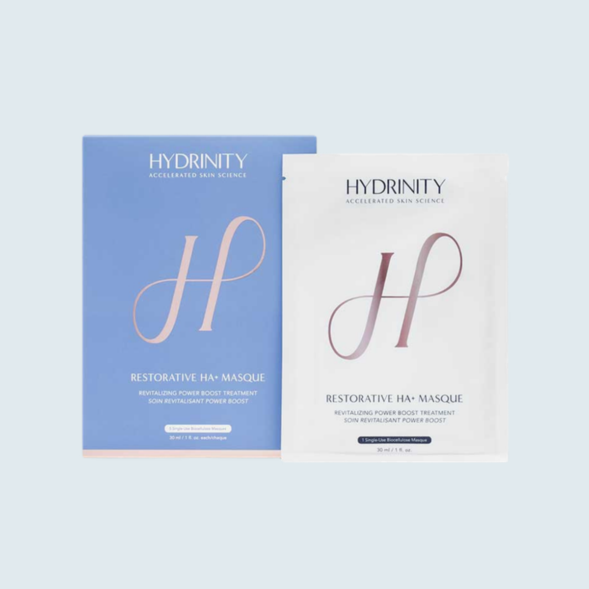 Hydrinity Restorative HA+ Masque 5 single-use masques box and pouch